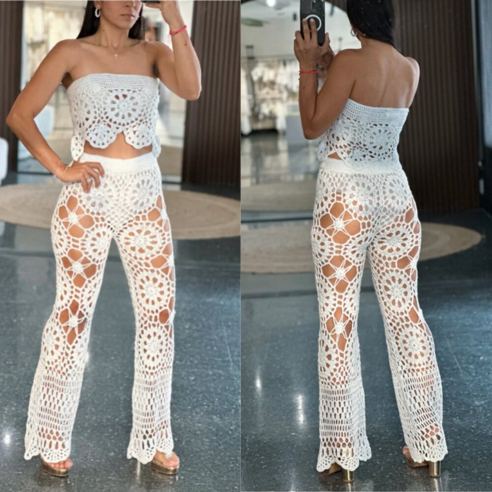 Crochet Knit 2-Piece Coverup Bandeau Top & Pant Set, White M NWT - Picture 6 of 10